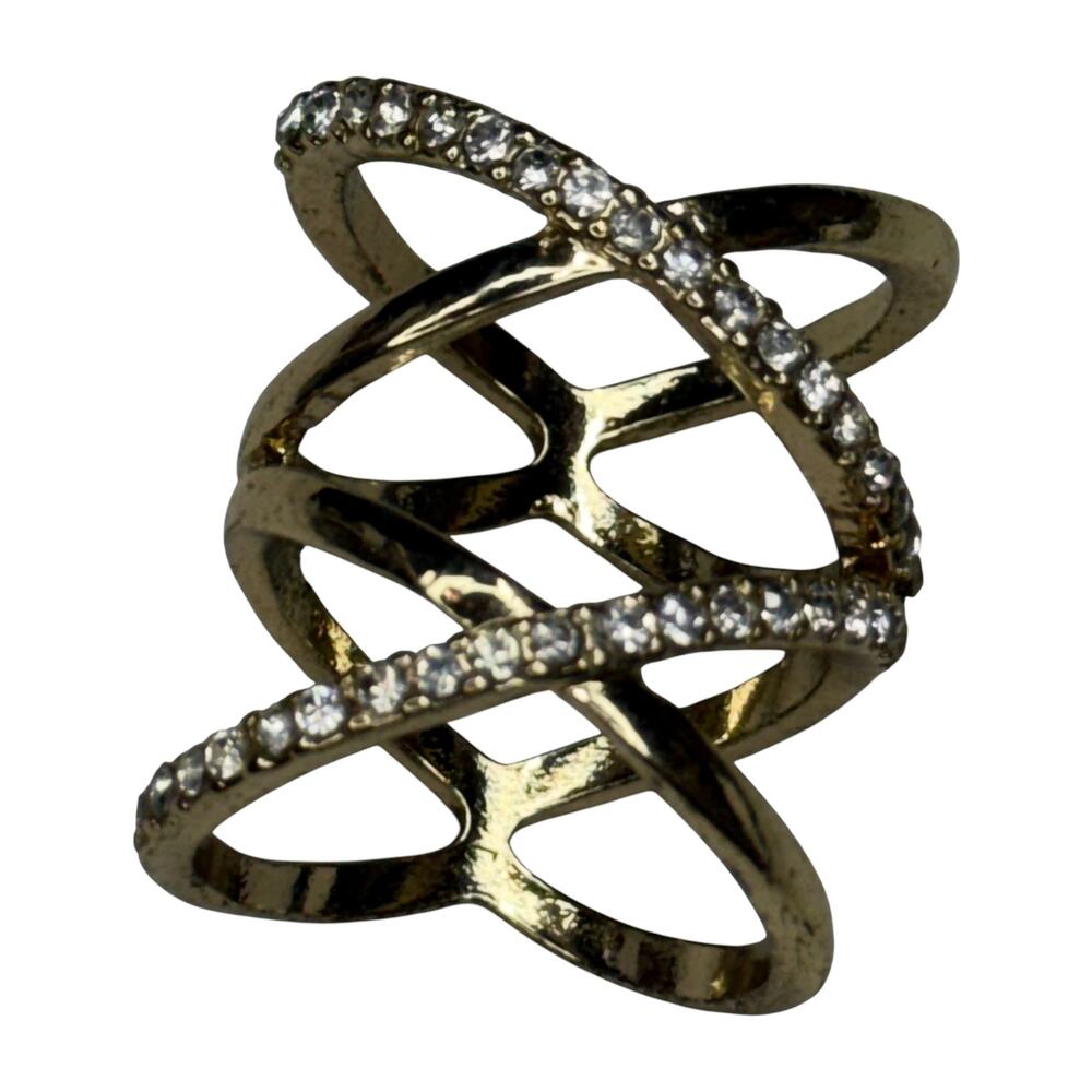 Gold Tone Rhinestone Criss Cross Wide Band Statement Ring Open Lattice 8.5 - Picture 5 of 6